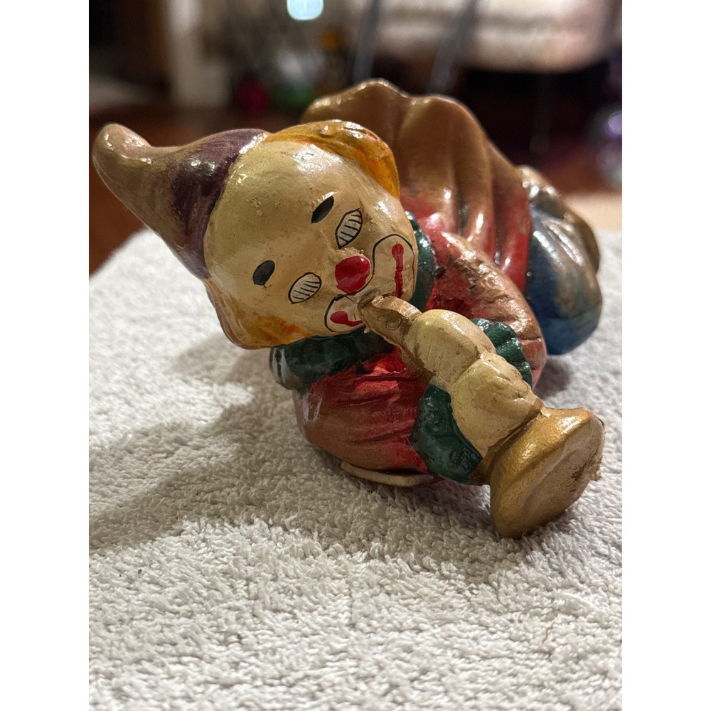 Vintage Hand Painted Lying Down Clown Figurine Playing Horn Circus Decor